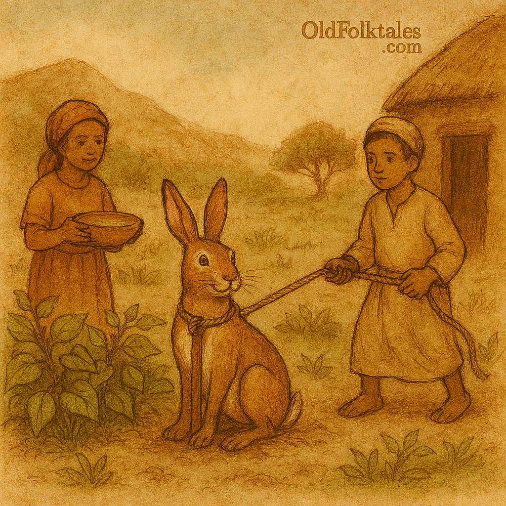 A traditional watercolor-style illustration depicts a scene from a Wolof folktale. A clever hare is tied to a wooden stake in a lush bean field, surrounded by climbing vines and tender pods. Two children stand nearby—one offering a bowl of water, the other holding the rope. In the distance, a hyena approaches as the jeweler walks toward the field carrying a glowing iron rod. The background features a rustic hut, a lone tree, and rolling hills under a parchment-toned sky. The only text is “OldFolktales.com” in the top right corner.