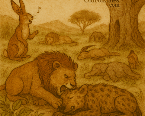 A traditional illustration in warm, earthy tones depicts a Wolof folktale scene. A lion pins down a hyena in a grassy clearing while a hare sings nearby. Other animals lie motionless, pretending to be dead. In the background, a massive baobab tree stands ready to imprison the hyena. The sky and terrain are rendered in aged parchment texture with faded ink lines. The only text is “OldFolktales.com” in the top right corner.