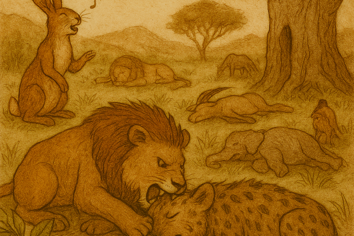 A traditional illustration in warm, earthy tones depicts a Wolof folktale scene. A lion pins down a hyena in a grassy clearing while a hare sings nearby. Other animals lie motionless, pretending to be dead. In the background, a massive baobab tree stands ready to imprison the hyena. The sky and terrain are rendered in aged parchment texture with faded ink lines. The only text is “OldFolktales.com” in the top right corner.