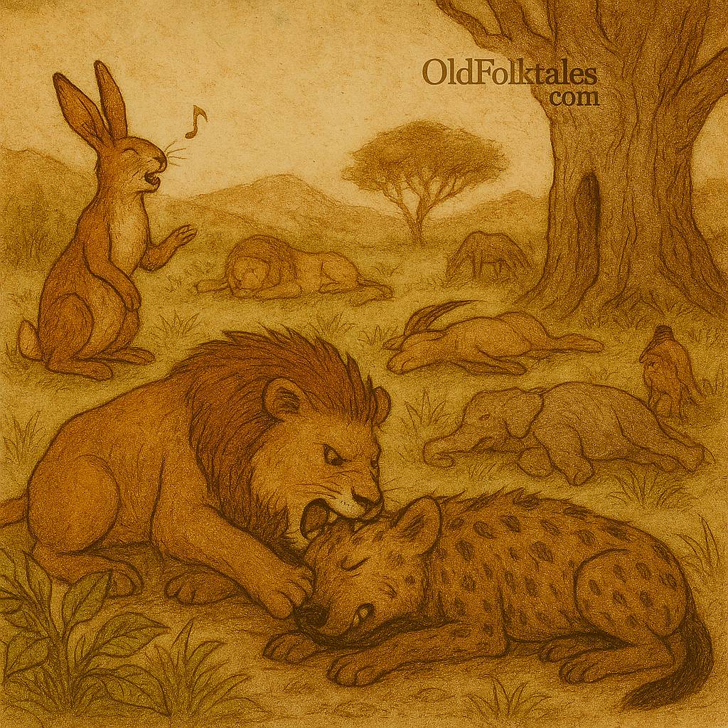 A traditional illustration in warm, earthy tones depicts a Wolof folktale scene. A lion pins down a hyena in a grassy clearing while a hare sings nearby. Other animals lie motionless, pretending to be dead. In the background, a massive baobab tree stands ready to imprison the hyena. The sky and terrain are rendered in aged parchment texture with faded ink lines. The only text is “OldFolktales.com” in the top right corner.