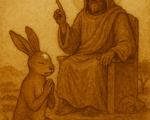 A traditional folktale illustration in warm earthy tones shows a hare kneeling before a divine robed figure seated on a throne. The hare clasps its paws beneath a glowing white mark on its forehead, symbolizing divine judgment. The background features rolling hills, a gnarled tree, and dry grass rendered in faded ink lines and aged parchment texture. The only text is “OldFolktales.com” in the top right corner.