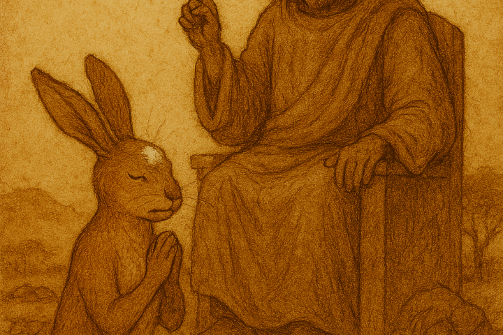 A traditional folktale illustration in warm earthy tones shows a hare kneeling before a divine robed figure seated on a throne. The hare clasps its paws beneath a glowing white mark on its forehead, symbolizing divine judgment. The background features rolling hills, a gnarled tree, and dry grass rendered in faded ink lines and aged parchment texture. The only text is “OldFolktales.com” in the top right corner.