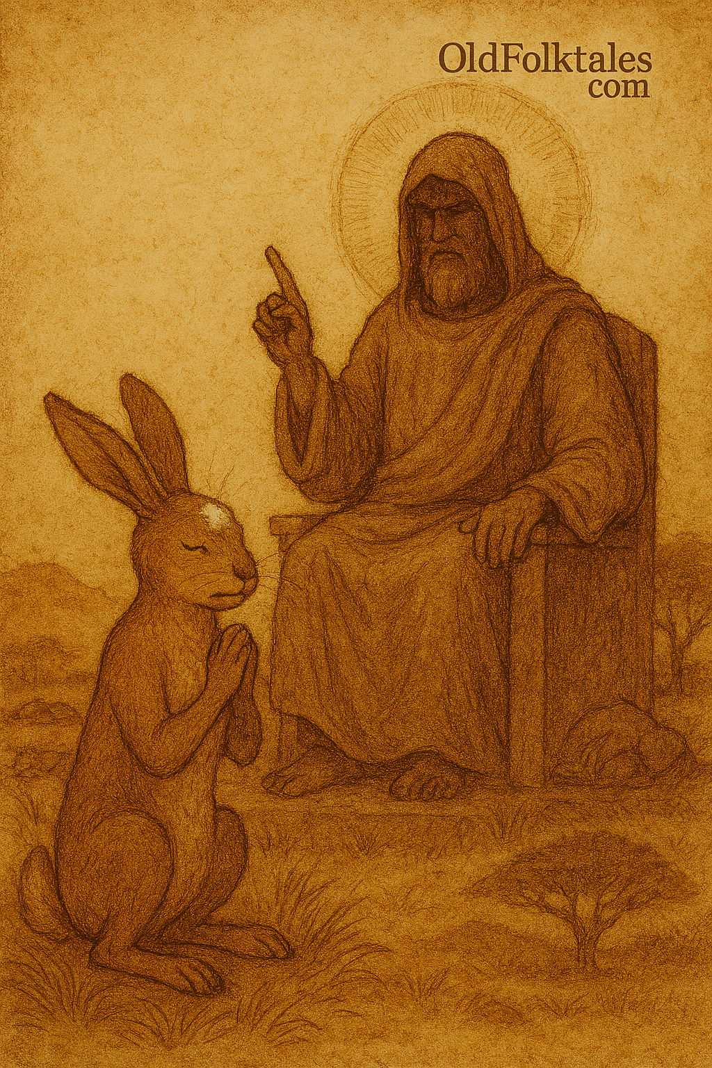 A traditional folktale illustration in warm earthy tones shows a hare kneeling before a divine robed figure seated on a throne. The hare clasps its paws beneath a glowing white mark on its forehead, symbolizing divine judgment. The background features rolling hills, a gnarled tree, and dry grass rendered in faded ink lines and aged parchment texture. The only text is “OldFolktales.com” in the top right corner.