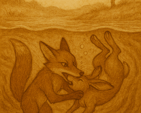 A traditional folktale illustration in warm earthy tones shows a fox gripping a rabbit underwater in a muddy Senegalese river. The rabbit’s body is limp, its eyes closed, and bubbles escape from its mouth. The fox’s eyes gleam with triumph. The swirling water is rendered in sepia hues with faded ink lines and parchment texture. A lone tree and rolling hills appear in the background. The only text is “OldFolktales.com” in the top right corner.