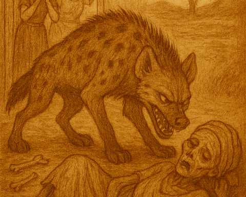 A traditional folktale illustration in warm earthy tones shows a lifeless old woman lying on the floor of a rustic room, surrounded by scattered bones. A sinister hyena looms over her, snarling. Outside the open door, two grieving daughters react in horror one covering her mouth, the other clutching her head. The background features a lone tree and rolling hills under a parchment-toned sky. The only text is “OldFolktales.com” in the top right corner.