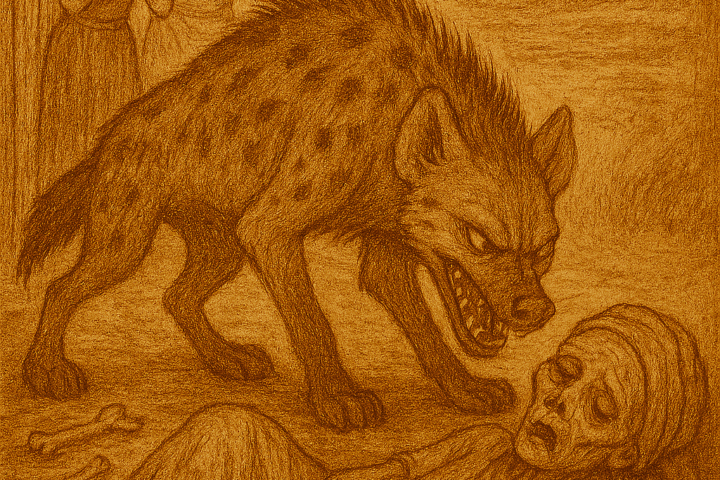 A traditional folktale illustration in warm earthy tones shows a lifeless old woman lying on the floor of a rustic room, surrounded by scattered bones. A sinister hyena looms over her, snarling. Outside the open door, two grieving daughters react in horror one covering her mouth, the other clutching her head. The background features a lone tree and rolling hills under a parchment-toned sky. The only text is “OldFolktales.com” in the top right corner.