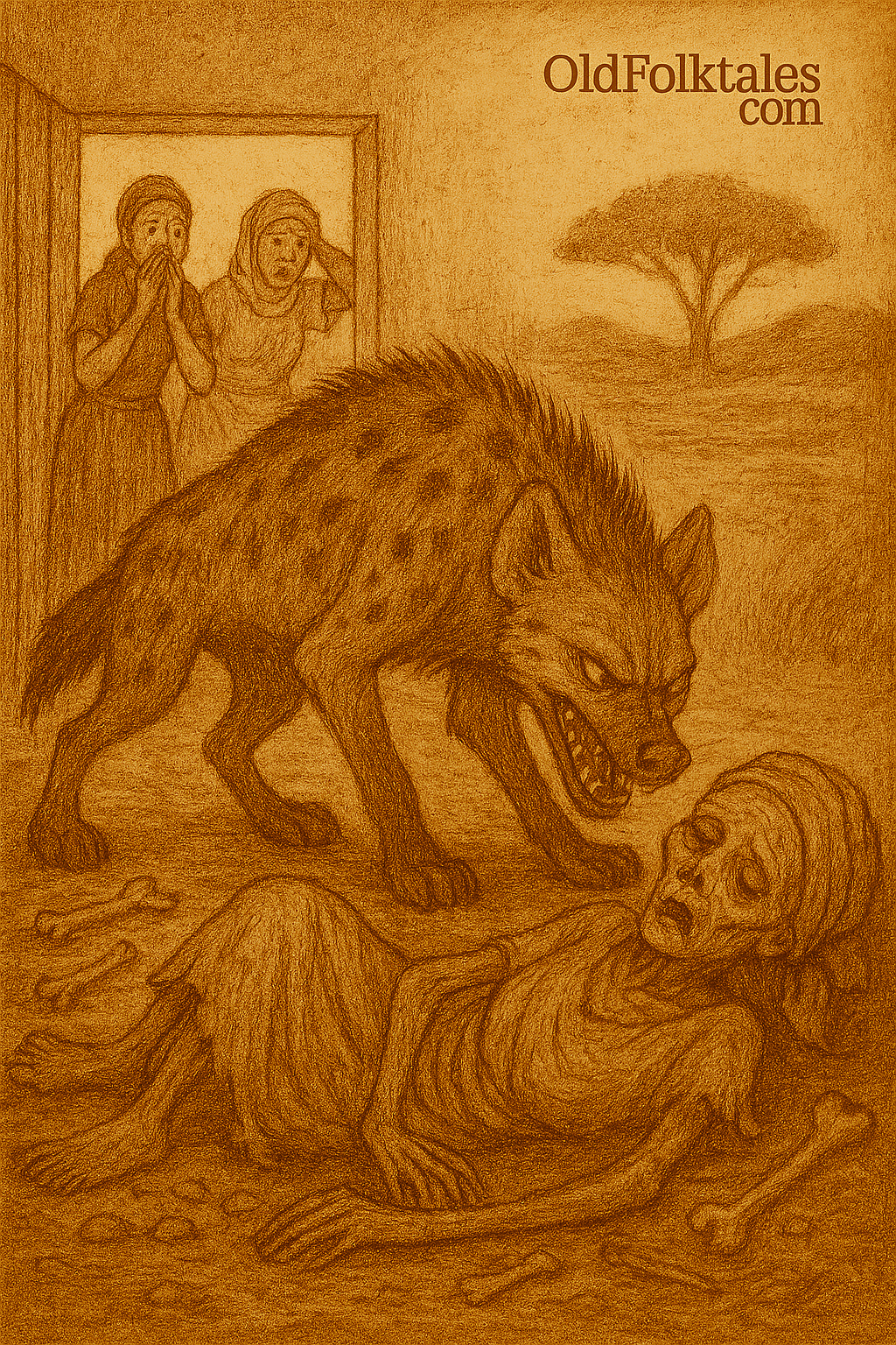 A traditional folktale illustration in warm earthy tones shows a lifeless old woman lying on the floor of a rustic room, surrounded by scattered bones. A sinister hyena looms over her, snarling. Outside the open door, two grieving daughters react in horror one covering her mouth, the other clutching her head. The background features a lone tree and rolling hills under a parchment-toned sky. The only text is “OldFolktales.com” in the top right corner.