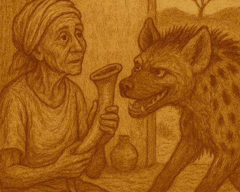 A traditional folktale illustration in warm sepia tones shows an elderly woman seated inside a rustic hut, clutching a magical horn. A hyena leans toward her, pleading with flattery. The background features a textured wall, a ceramic pot, and an open doorway revealing a lone tree and open fields. The art style includes faded ink lines and aged parchment texture. The only text is “OldFolktales.com” in the top right corner.