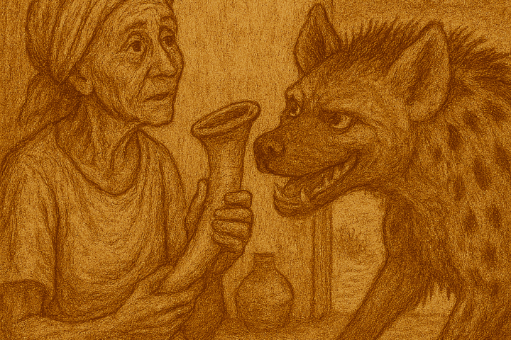 A traditional folktale illustration in warm sepia tones shows an elderly woman seated inside a rustic hut, clutching a magical horn. A hyena leans toward her, pleading with flattery. The background features a textured wall, a ceramic pot, and an open doorway revealing a lone tree and open fields. The art style includes faded ink lines and aged parchment texture. The only text is “OldFolktales.com” in the top right corner.