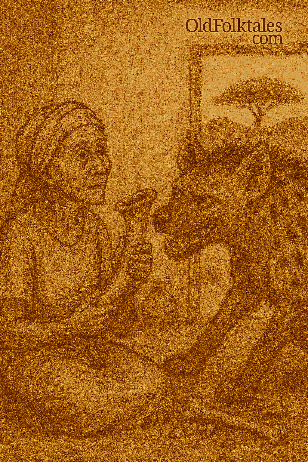 A traditional folktale illustration in warm sepia tones shows an elderly woman seated inside a rustic hut, clutching a magical horn. A hyena leans toward her, pleading with flattery. The background features a textured wall, a ceramic pot, and an open doorway revealing a lone tree and open fields. The art style includes faded ink lines and aged parchment texture. The only text is “OldFolktales.com” in the top right corner.