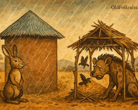 A traditional folktale illustration in warm earthy tones shows two granaries side by side. The hare’s granary is solid and well-built, with sealed clay walls and a sloped roof. The hyena’s granary is flimsy, with gaps and green branches. Rain pours down, soaking the hyena’s grain as birds fly in to feast. The hare stands calmly beside his dry granary, while the hyena looks on in dismay. The background features a savanna landscape with rolling hills and a parchment-textured sky. The only text is “OldFolktales.com” in the top right corner.