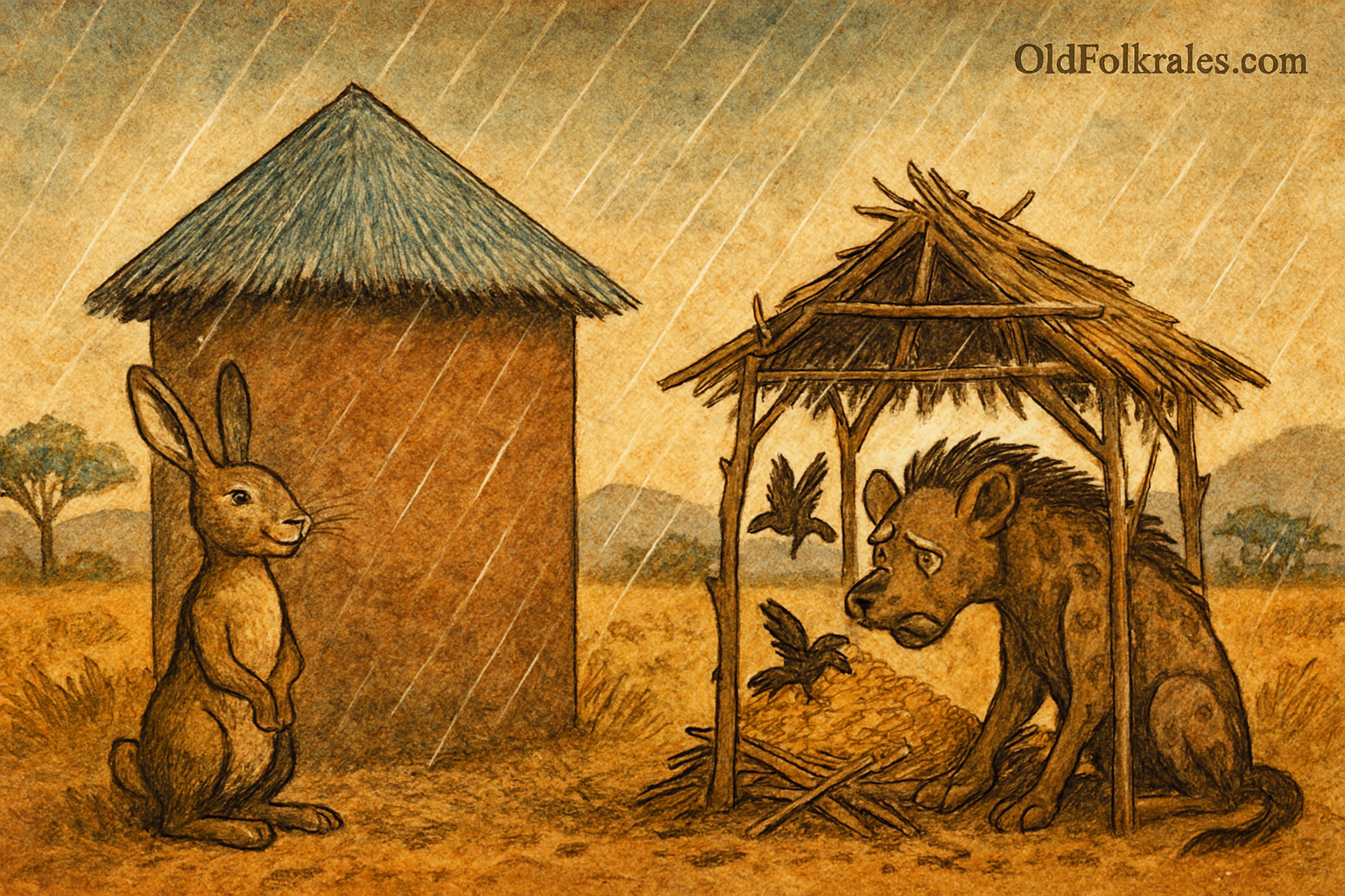 A traditional folktale illustration in warm earthy tones shows two granaries side by side. The hare’s granary is solid and well-built, with sealed clay walls and a sloped roof. The hyena’s granary is flimsy, with gaps and green branches. Rain pours down, soaking the hyena’s grain as birds fly in to feast. The hare stands calmly beside his dry granary, while the hyena looks on in dismay. The background features a savanna landscape with rolling hills and a parchment-textured sky. The only text is “OldFolktales.com” in the top right corner.