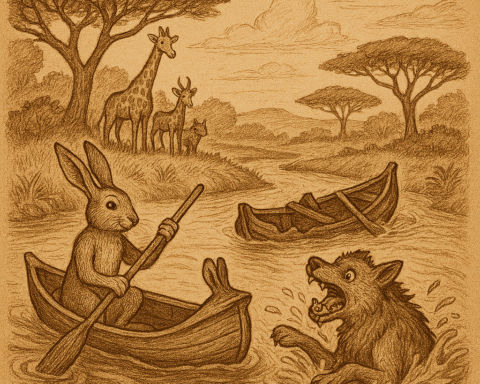 Illustration of a West African folktale scene. A hare paddles smoothly in a well-crafted canoe while a hyena flails in the river beside her crooked, capsized boat. Spectator animals watch from the shore. The river winds through a lush savanna under a parchment-textured sky. The only text is “OldFolktales.com” in the top right corner.