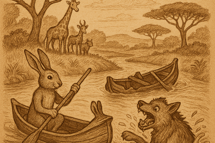 Illustration of a West African folktale scene. A hare paddles smoothly in a well-crafted canoe while a hyena flails in the river beside her crooked, capsized boat. Spectator animals watch from the shore. The river winds through a lush savanna under a parchment-textured sky. The only text is “OldFolktales.com” in the top right corner.