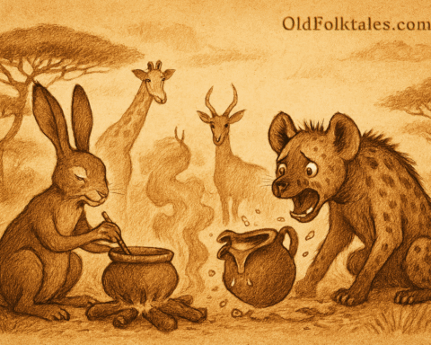 Illustration of a West African folktale scene showing a hare cooking in a sturdy clay pot while a hyena watches her broken pot spill into the fire. Spectator animals stand nearby in a savanna landscape with acacia trees and parchment-textured sky. Logo “OldFolktales.com” appears in the top right corner.