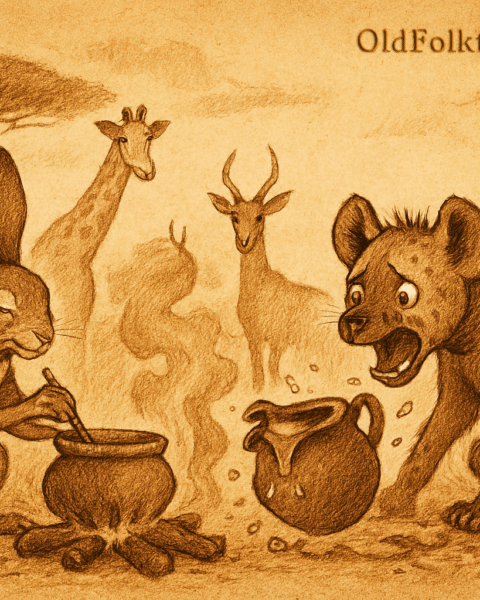Illustration of a West African folktale scene showing a hare cooking in a sturdy clay pot while a hyena watches her broken pot spill into the fire. Spectator animals stand nearby in a savanna landscape with acacia trees and parchment-textured sky. Logo “OldFolktales.com” appears in the top right corner.