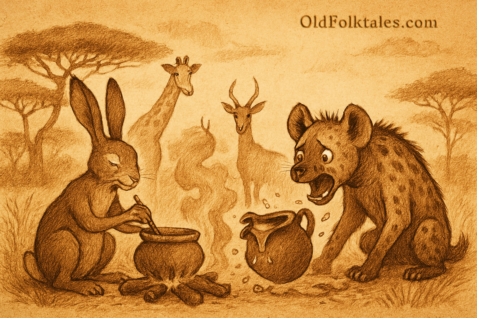 Illustration of a West African folktale scene showing a hare cooking in a sturdy clay pot while a hyena watches her broken pot spill into the fire. Spectator animals stand nearby in a savanna landscape with acacia trees and parchment-textured sky. Logo “OldFolktales.com” appears in the top right corner.