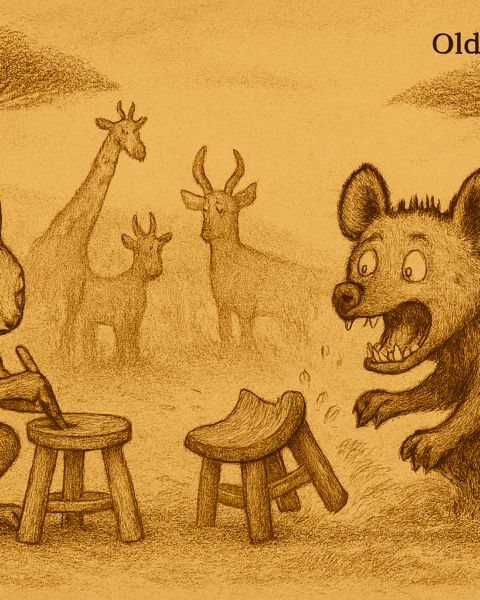 Sepia-toned illustration of a clever hare seated on a well-crafted stool and a clumsy hyena falling from a lopsided stool, with giraffe, antelope, and warthog watching under acacia trees in an African savanna; aged parchment texture and OldFolktales.com logo in top right corner