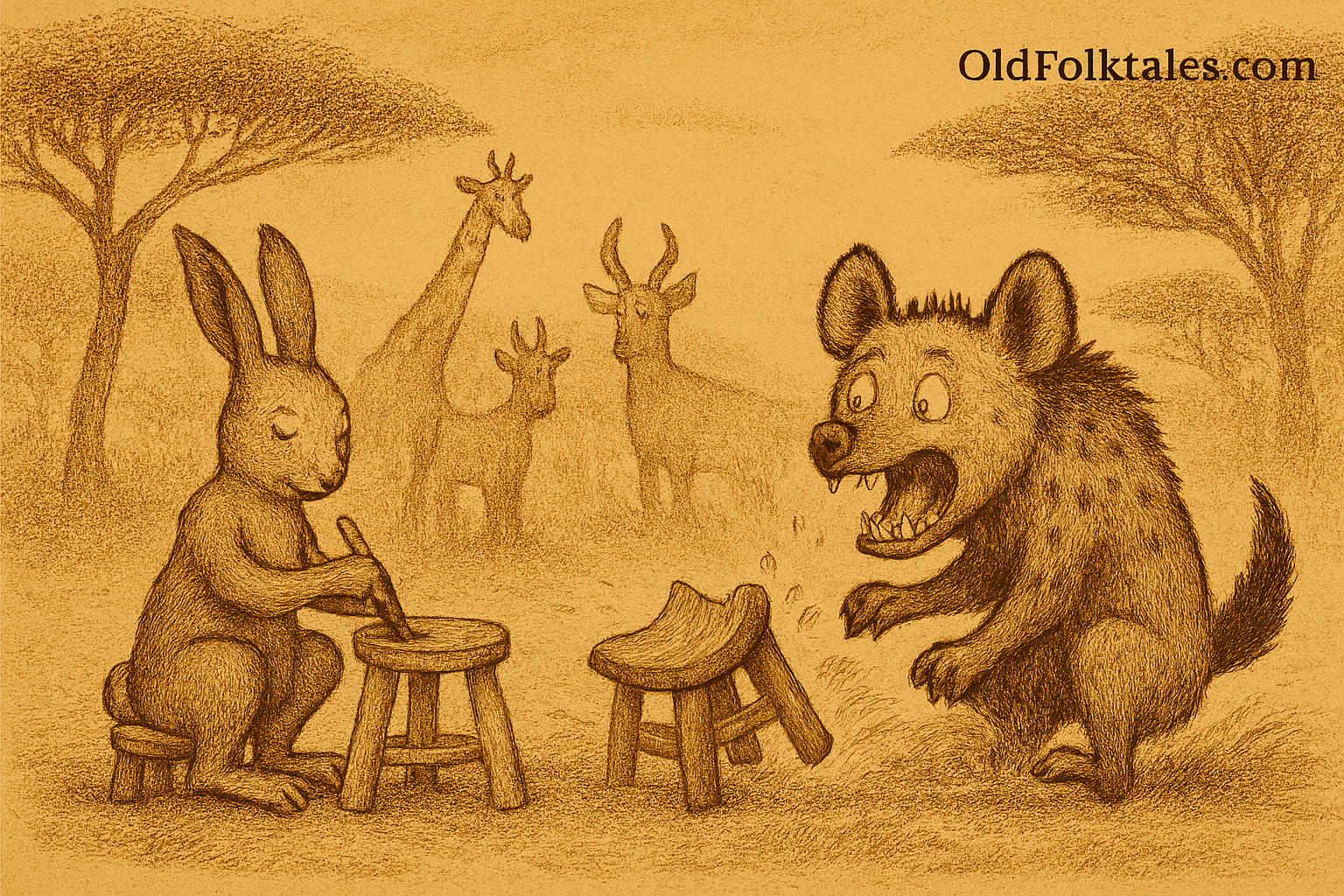 Sepia-toned illustration of a clever hare seated on a well-crafted stool and a clumsy hyena falling from a lopsided stool, with giraffe, antelope, and warthog watching under acacia trees in an African savanna; aged parchment texture and OldFolktales.com logo in top right corner