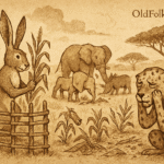 Sepia-toned illustration of a hare tending a fenced garden while a crying hyena sits beside her destroyed crops, with wild animals feasting in the background.
