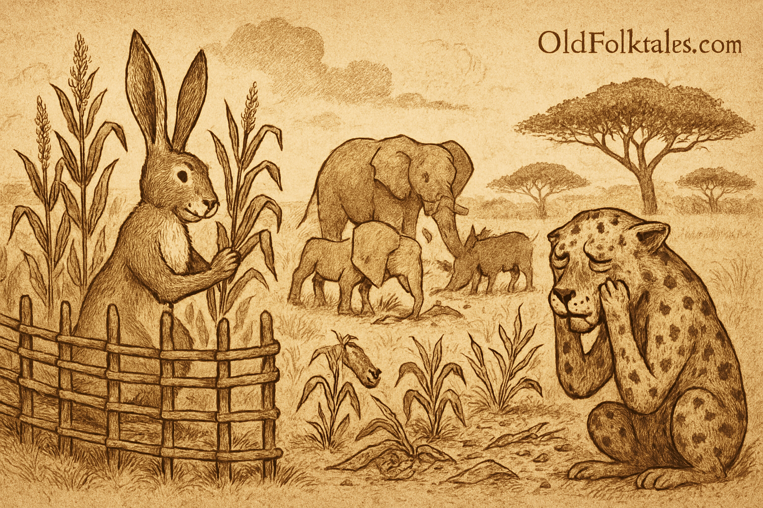 Sepia-toned illustration of a hare tending a fenced garden while a crying hyena sits beside her destroyed crops, with wild animals feasting in the background.