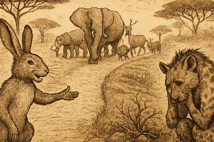 Sepia-toned illustration of a generous hare guiding travelers along a smooth, wide path, while a selfish hyena sits beside her thorn-filled, unused trail. Elephants, antelope, and warthogs walk comfortably through the savanna. The sky is parchment-textured with faded ink clouds. The only text is “OldFolktales.com” in the top right corner.