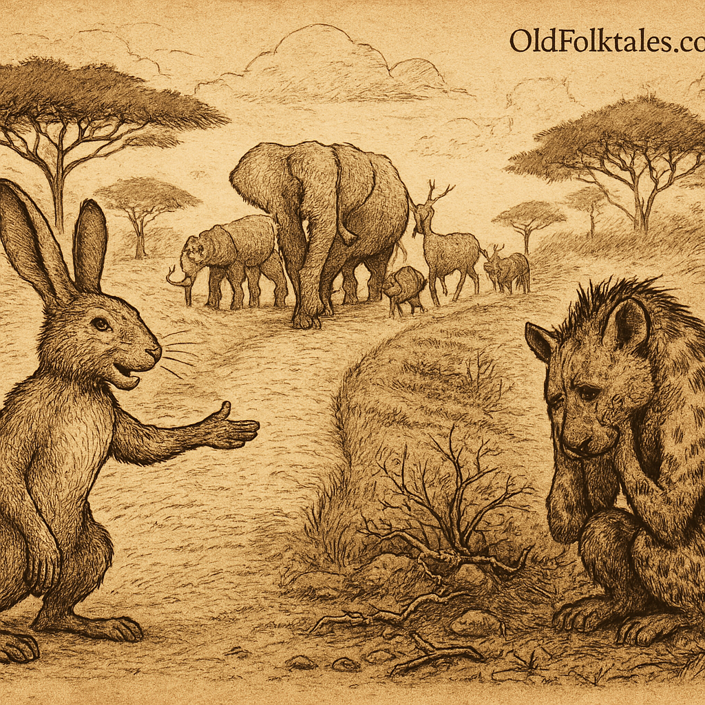Sepia-toned illustration of a generous hare guiding travelers along a smooth, wide path, while a selfish hyena sits beside her thorn-filled, unused trail. Elephants, antelope, and warthogs walk comfortably through the savanna. The sky is parchment-textured with faded ink clouds. The only text is “OldFolktales.com” in the top right corner.