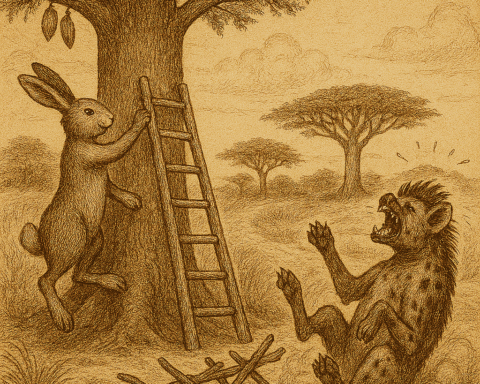 Sepia-toned illustration of a clever hare climbing a tall, sturdy ladder toward ripe baobab fruit, while a bruised hyena sits beside her collapsed, crooked ladder. The massive baobab tree towers in the background with wide branches and hanging pods. The savanna is framed by golden grass and acacia trees. The only text is “OldFolktales.com” in the top right corner.