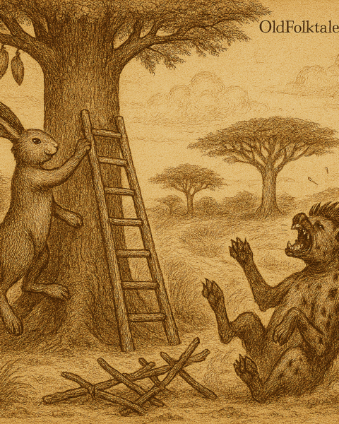 Sepia-toned illustration of a clever hare climbing a tall, sturdy ladder toward ripe baobab fruit, while a bruised hyena sits beside her collapsed, crooked ladder. The massive baobab tree towers in the background with wide branches and hanging pods. The savanna is framed by golden grass and acacia trees. The only text is “OldFolktales.com” in the top right corner.