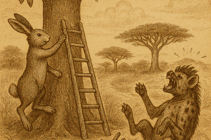 Sepia-toned illustration of a clever hare climbing a tall, sturdy ladder toward ripe baobab fruit, while a bruised hyena sits beside her collapsed, crooked ladder. The massive baobab tree towers in the background with wide branches and hanging pods. The savanna is framed by golden grass and acacia trees. The only text is “OldFolktales.com” in the top right corner.