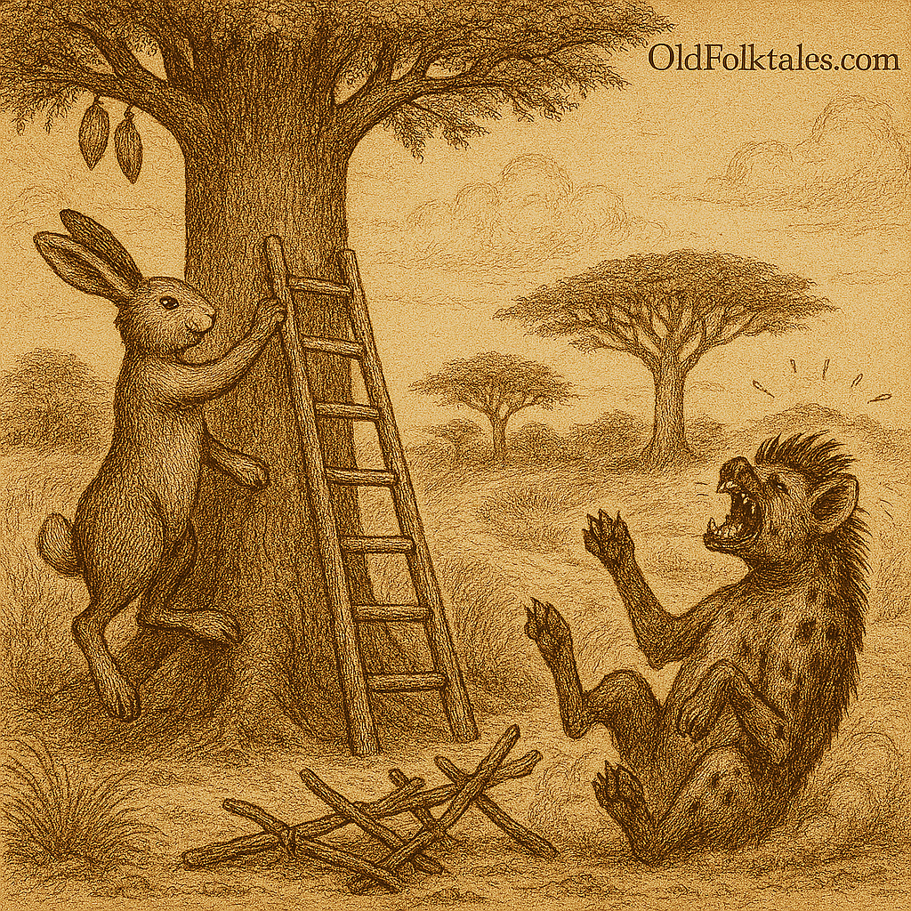 Sepia-toned illustration of a clever hare climbing a tall, sturdy ladder toward ripe baobab fruit, while a bruised hyena sits beside her collapsed, crooked ladder. The massive baobab tree towers in the background with wide branches and hanging pods. The savanna is framed by golden grass and acacia trees. The only text is “OldFolktales.com” in the top right corner.