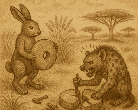 Sepia-toned illustration of a hare inspecting a perfectly carved millstone while a frustrated hyena crouches beside her cracked, broken millstone. The African savanna stretches behind them with golden millet stalks and distant acacia trees. The only text is “OldFolktales.com” in the top right corner.