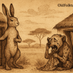 Sepia-toned illustration of a clever hare standing beside a sturdy, locked door, while a weeping hyena crouches beside her broken, flimsy door and ransacked hut. The African savanna is framed by golden grass, acacia trees, and a parchment-textured sky. The only text is “OldFolktales.com” in the top right corner.