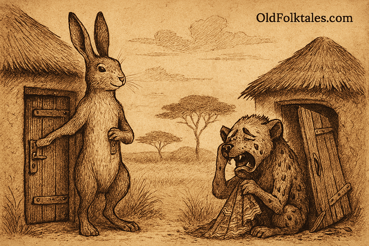 Sepia-toned illustration of a clever hare standing beside a sturdy, locked door, while a weeping hyena crouches beside her broken, flimsy door and ransacked hut. The African savanna is framed by golden grass, acacia trees, and a parchment-textured sky. The only text is “OldFolktales.com” in the top right corner.