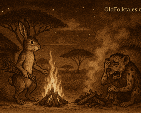 Sepia-toned illustration of a wise hare tending a bright fire surrounded by guests, while a weeping hyena sits alone beside a smoky, failed fire made of damp wood. The African savanna is framed by golden grass, acacia trees, and a parchment-textured sky. The only text is “OldFolktales.com” in the top right corner.