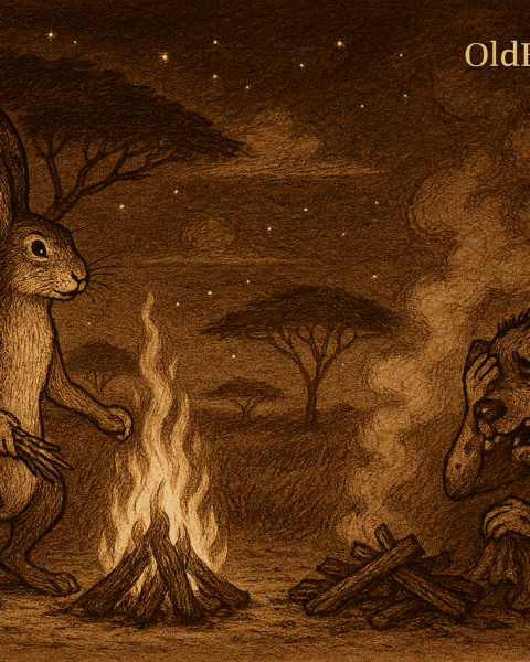 Sepia-toned illustration of a wise hare tending a bright fire surrounded by guests, while a weeping hyena sits alone beside a smoky, failed fire made of damp wood. The African savanna is framed by golden grass, acacia trees, and a parchment-textured sky. The only text is “OldFolktales.com” in the top right corner.