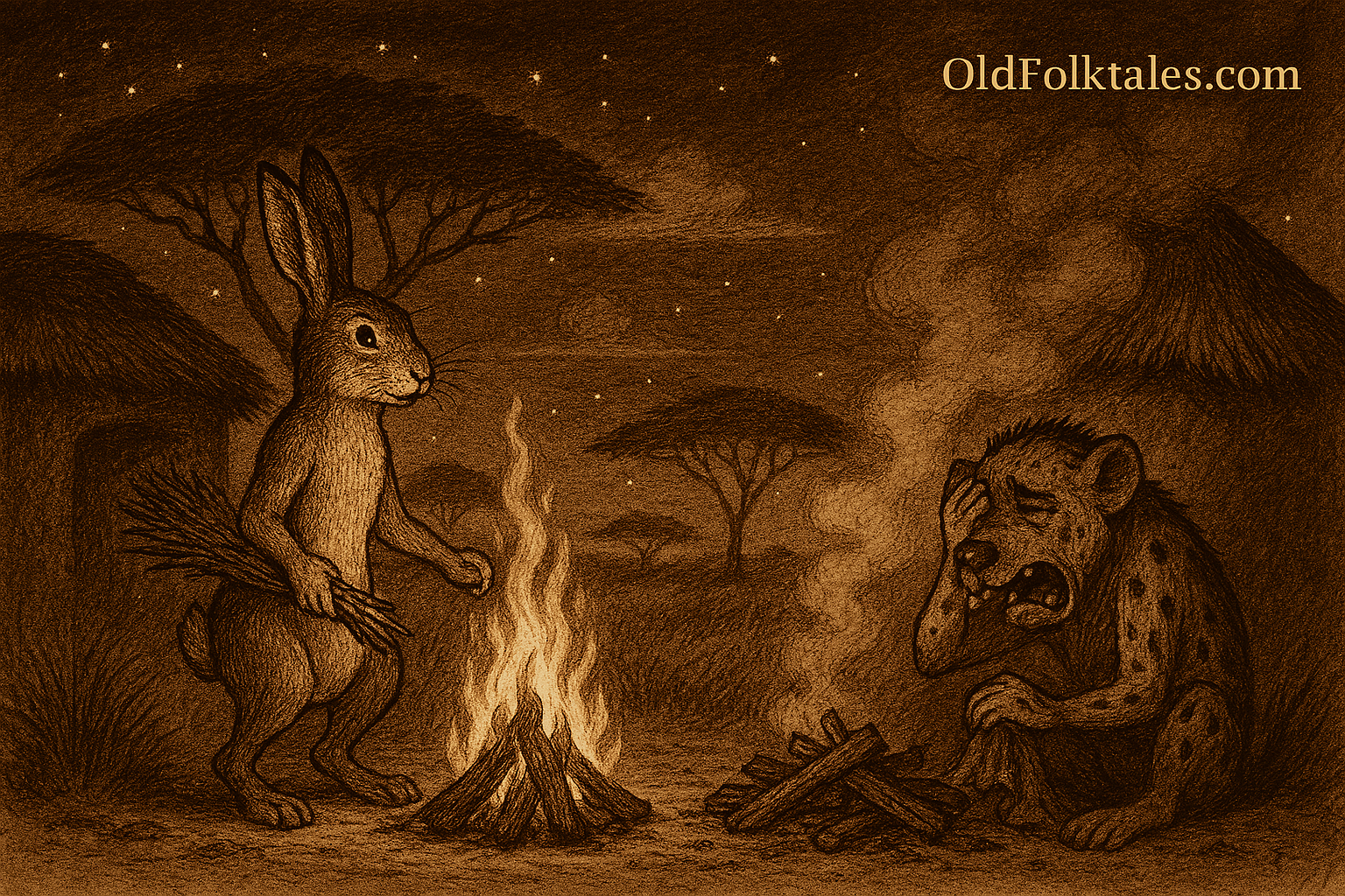 Sepia-toned illustration of a wise hare tending a bright fire surrounded by guests, while a weeping hyena sits alone beside a smoky, failed fire made of damp wood. The African savanna is framed by golden grass, acacia trees, and a parchment-textured sky. The only text is “OldFolktales.com” in the top right corner.