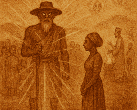Sepia-toned illustration of Legba standing at a glowing crossroads in a West African village, surrounded by villagers and spiritual symbols. Nunde and Fa appear in the background. The image uses warm earthy colors and aged parchment texture. Logo “OldFolktales.com” appears in the top right corner.