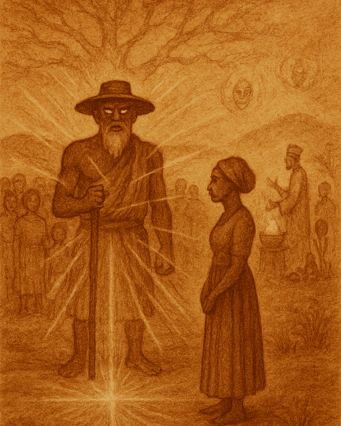Sepia-toned illustration of Legba standing at a glowing crossroads in a West African village, surrounded by villagers and spiritual symbols. Nunde and Fa appear in the background. The image uses warm earthy colors and aged parchment texture. Logo “OldFolktales.com” appears in the top right corner.