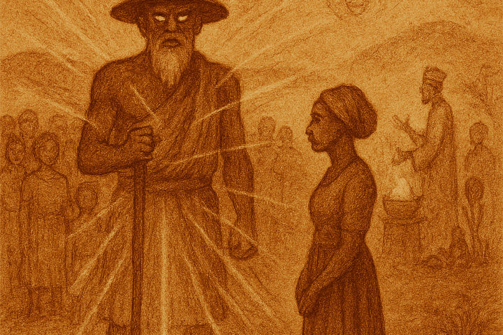 Sepia-toned illustration of Legba standing at a glowing crossroads in a West African village, surrounded by villagers and spiritual symbols. Nunde and Fa appear in the background. The image uses warm earthy colors and aged parchment texture. Logo “OldFolktales.com” appears in the top right corner.