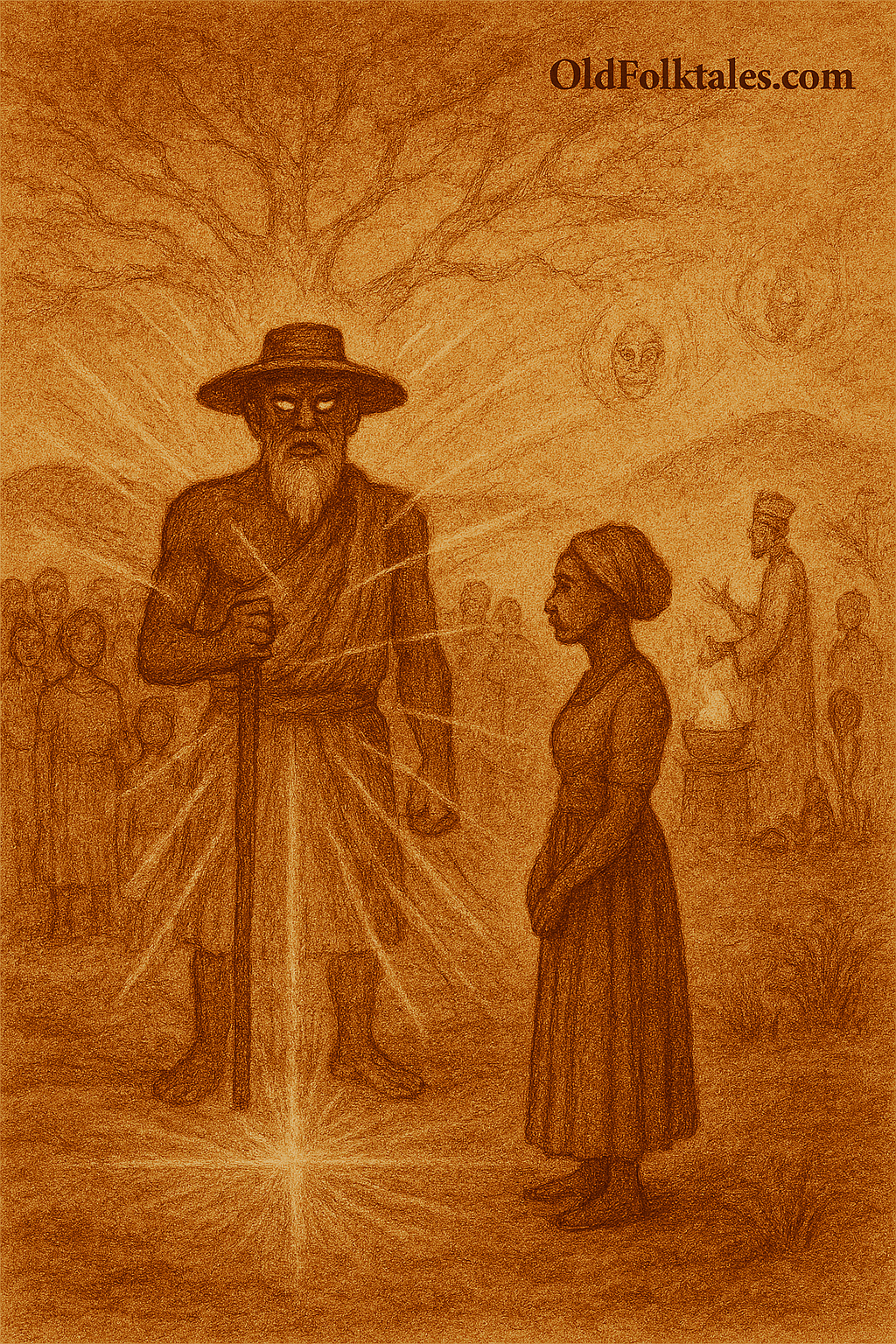 Sepia-toned illustration of Legba standing at a glowing crossroads in a West African village, surrounded by villagers and spiritual symbols. Nunde and Fa appear in the background. The image uses warm earthy colors and aged parchment texture. Logo “OldFolktales.com” appears in the top right corner.