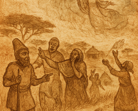 A sepia-toned, aged illustration on parchment-like texture shows Legba, the West African trickster, standing at a village crossroads with a sly expression and staff in hand. Villagers point at divine footprints in Mawu’s sacred garden, reacting with shock and confusion. In the background, the goddess Mawu ascends into swirling clouds, pulling the sky higher. An elderly woman flings waste upward, striking the low-hanging heavens. The scene is framed by acacia trees, savanna grasses, and traditional huts. The only text, “OldFolktales.com,” appears subtly in the top right corner.