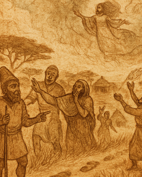 A sepia-toned, aged illustration on parchment-like texture shows Legba, the West African trickster, standing at a village crossroads with a sly expression and staff in hand. Villagers point at divine footprints in Mawu’s sacred garden, reacting with shock and confusion. In the background, the goddess Mawu ascends into swirling clouds, pulling the sky higher. An elderly woman flings waste upward, striking the low-hanging heavens. The scene is framed by acacia trees, savanna grasses, and traditional huts. The only text, “OldFolktales.com,” appears subtly in the top right corner.