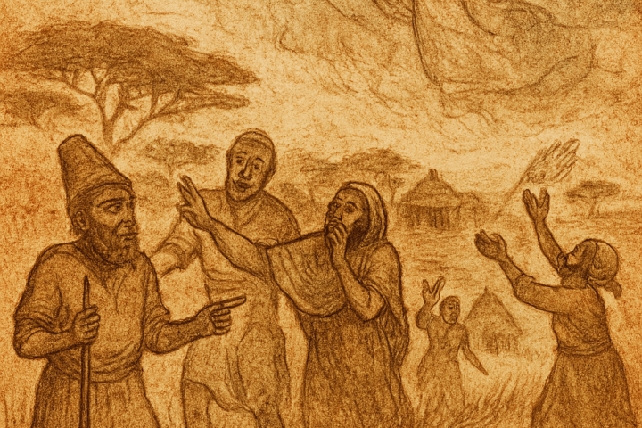 A sepia-toned, aged illustration on parchment-like texture shows Legba, the West African trickster, standing at a village crossroads with a sly expression and staff in hand. Villagers point at divine footprints in Mawu’s sacred garden, reacting with shock and confusion. In the background, the goddess Mawu ascends into swirling clouds, pulling the sky higher. An elderly woman flings waste upward, striking the low-hanging heavens. The scene is framed by acacia trees, savanna grasses, and traditional huts. The only text, “OldFolktales.com,” appears subtly in the top right corner.