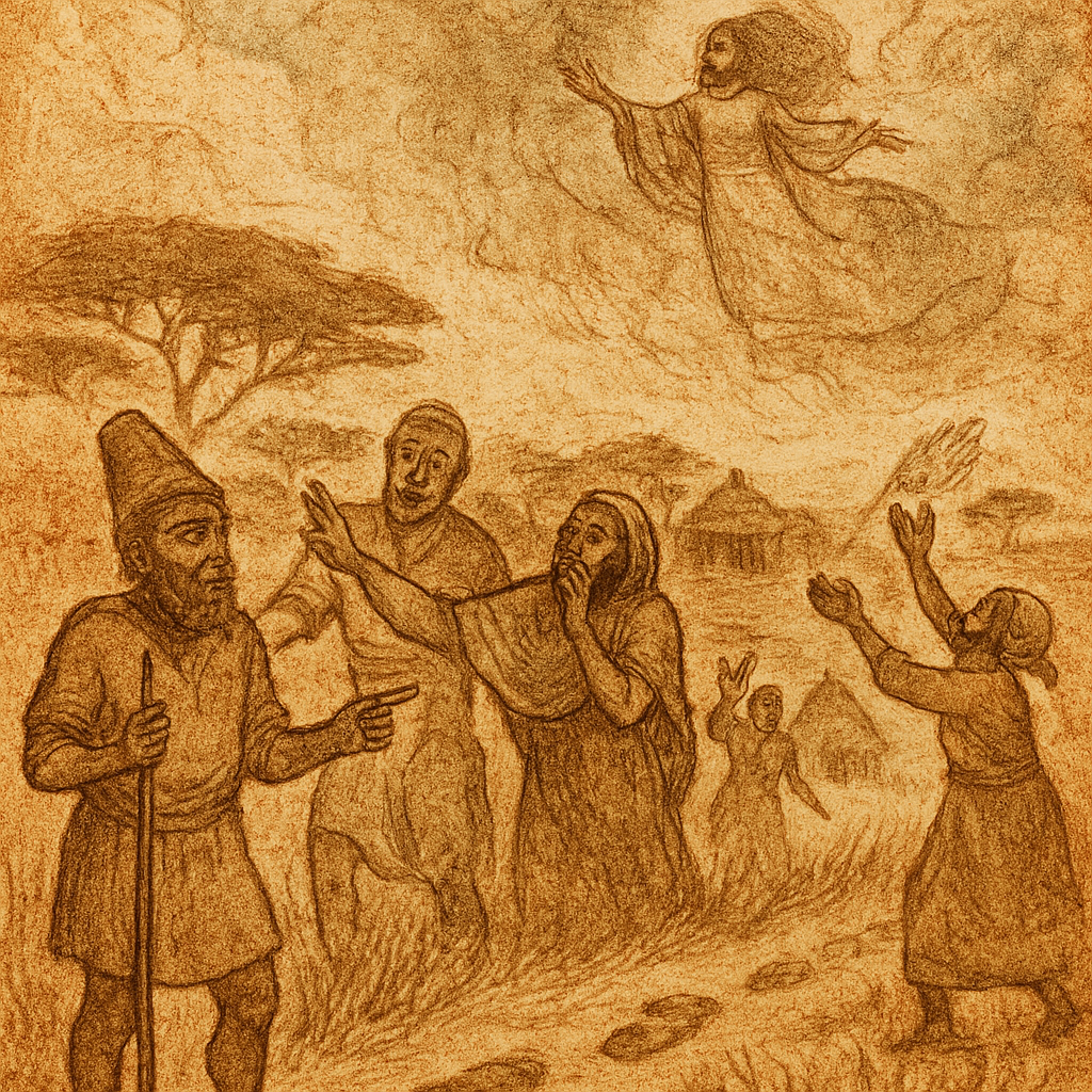 A sepia-toned, aged illustration on parchment-like texture shows Legba, the West African trickster, standing at a village crossroads with a sly expression and staff in hand. Villagers point at divine footprints in Mawu’s sacred garden, reacting with shock and confusion. In the background, the goddess Mawu ascends into swirling clouds, pulling the sky higher. An elderly woman flings waste upward, striking the low-hanging heavens. The scene is framed by acacia trees, savanna grasses, and traditional huts. The only text, “OldFolktales.com,” appears subtly in the top right corner.