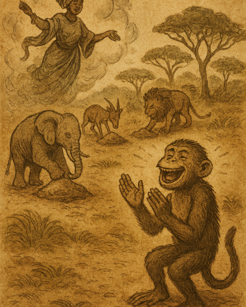 Sepia-toned illustration of Monkey clapping and dancing joyfully while other animals knead clay in Mawu’s divine workshop. Mawu stands in the background with arms crossed, watching with disappointment. The savanna is framed by golden grass, acacia trees, and a parchment-textured sky. The only text is “OldFolktales.com” in the top right corner.