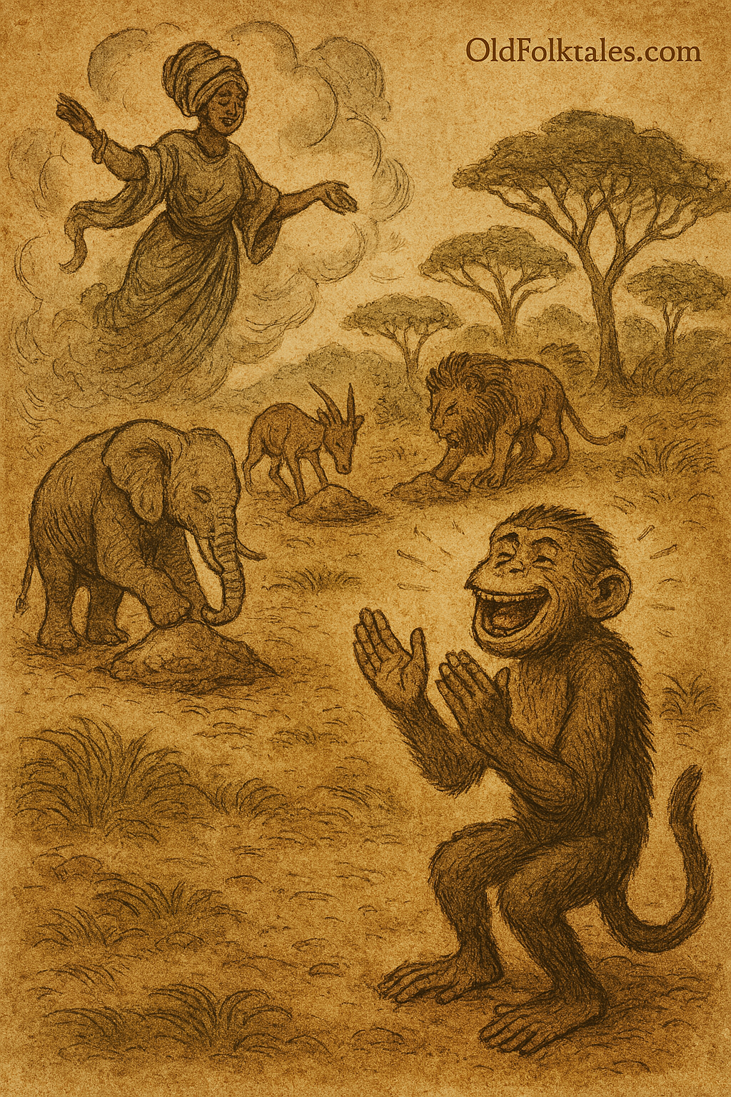 Sepia-toned illustration of Monkey clapping and dancing joyfully while other animals knead clay in Mawu’s divine workshop. Mawu stands in the background with arms crossed, watching with disappointment. The savanna is framed by golden grass, acacia trees, and a parchment-textured sky. The only text is “OldFolktales.com” in the top right corner.