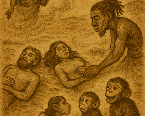 Sepia-toned illustration of the Dahomey creation story showing Zogbo crossing a river with two women, five prophets descending from the sky, and Legba breathing life into two clay figures that become monkeys. The Creator animates two others into Adanhu and Yewa, the first humans. The savanna is framed by golden grass, acacia trees, and a parchment-textured sky. The only text is “OldFolktales.com” in the top right corner.