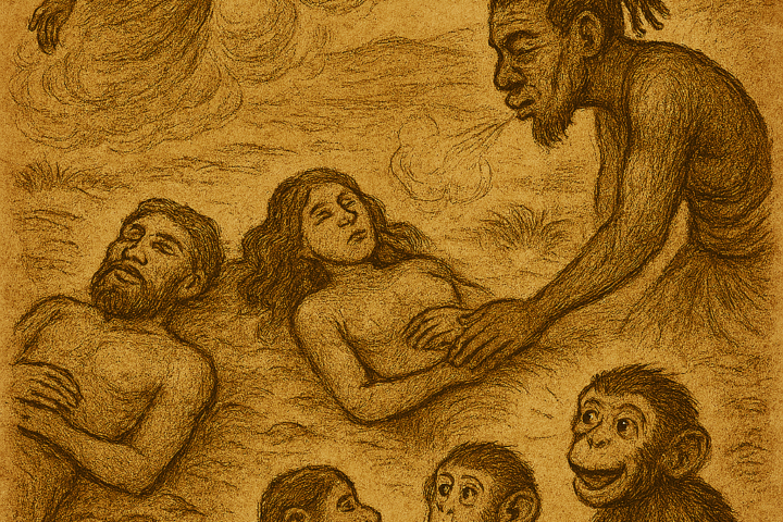 Sepia-toned illustration of the Dahomey creation story showing Zogbo crossing a river with two women, five prophets descending from the sky, and Legba breathing life into two clay figures that become monkeys. The Creator animates two others into Adanhu and Yewa, the first humans. The savanna is framed by golden grass, acacia trees, and a parchment-textured sky. The only text is “OldFolktales.com” in the top right corner.