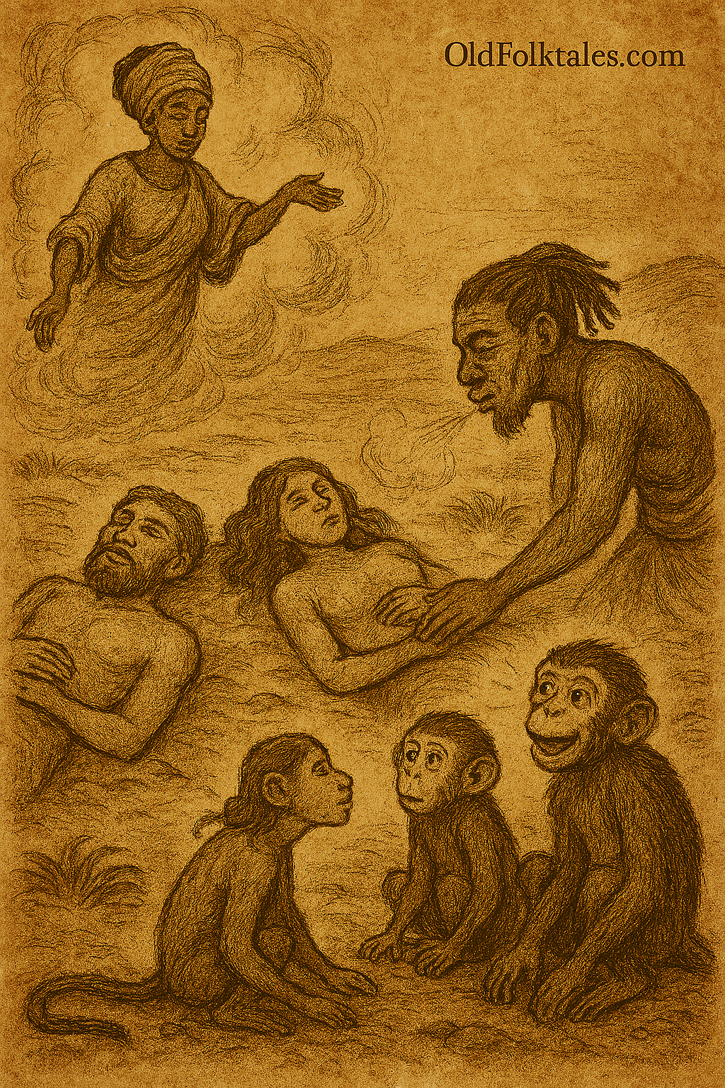 Sepia-toned illustration of the Dahomey creation story showing Zogbo crossing a river with two women, five prophets descending from the sky, and Legba breathing life into two clay figures that become monkeys. The Creator animates two others into Adanhu and Yewa, the first humans. The savanna is framed by golden grass, acacia trees, and a parchment-textured sky. The only text is “OldFolktales.com” in the top right corner.